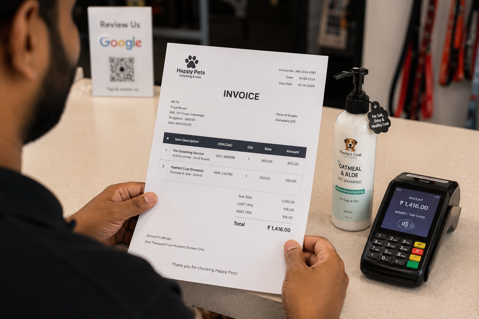 Pet business owner checking the different item and the taxes in a invoice.